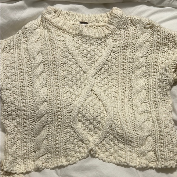 Free People Cream Cropped Cable Knit Crew Neck Sweater women size XS long sleeve - Picture 2 of 8